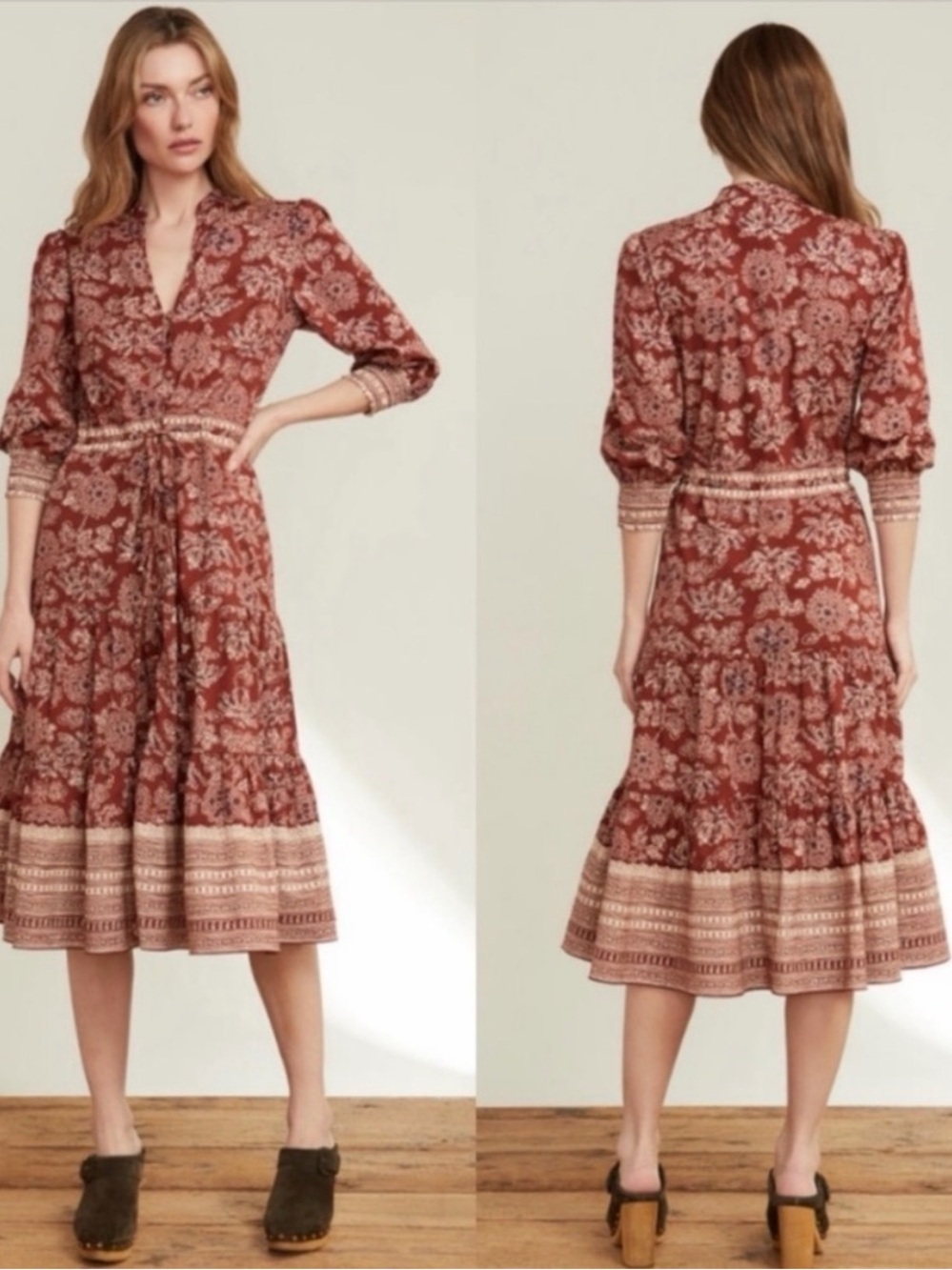 Veronica Beard Swedie Printed Midi Dress Rust Floral Tiered Midi Dress